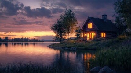 Fototapeta premium Lakeside Cabin at Dusk 