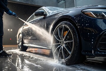 Creative and stylish Professional Car Wash Detailing of a Dark-Colored Luxury Sedan