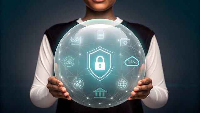 Futuristic person holding holographic cybersecurity globe. Digital protection concept with shield and lock icons. Innovative tech artwork with glowing data symbols.