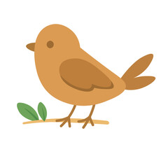 Cute yellow bird standing on the ground with small leaves. Cheerful spring flat doodle.