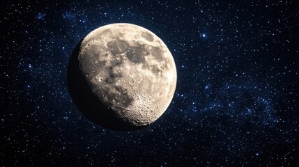 Majestic lunar surface against a backdrop of twinkling stars in deep space celestial photography