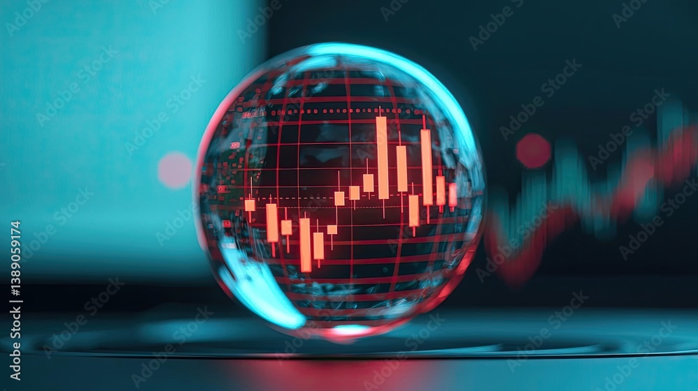 Poster Candlestick in crystal globe with investment forecasting analysis concept. Transparent globe displaying stock market data and trends.