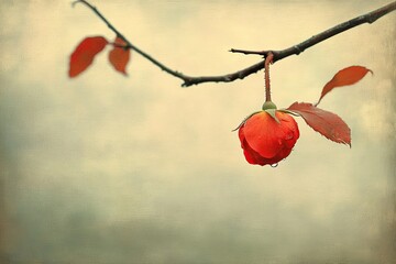 A solitary, vibrant orange-red rosebud hangs from a branch, accented by muted tones and delicate leaves