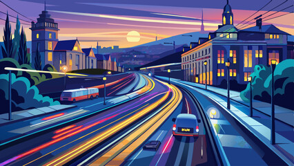 Germany, Baden-Wurttemberg, Stuttgart, Vehicle light trails alongBundesstrasse14 at dusk