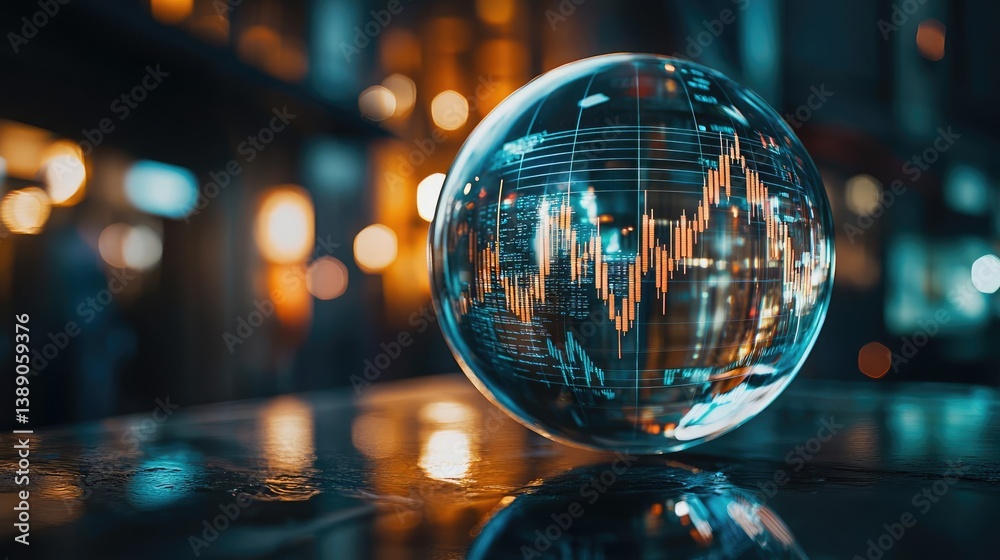 Poster candlestick in crystal globe predicting stock market success concept. crystal globe showcasing stock
