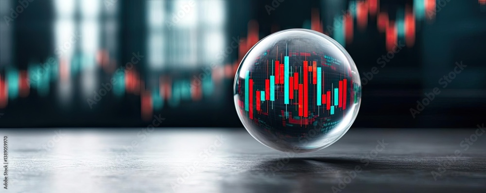 Poster candlestick in crystal globe with stock market forecast concept. business insights through data visu