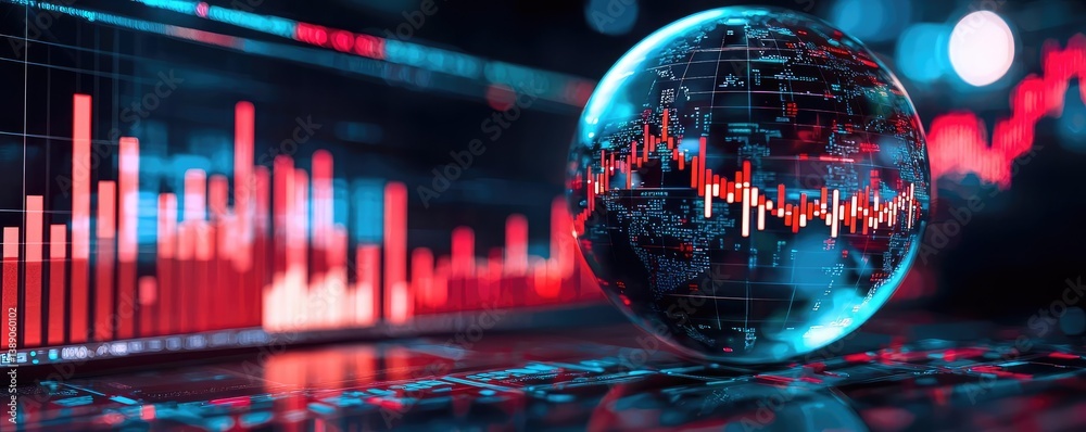 Poster Candlestick in crystal globe with investment forecasting analysis concept. Digital globe over financial data visualization background.