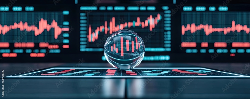 Poster Candlestick in crystal globe predicting stock market success concept. Futuristic data visualization with a crystal ball and graphs.