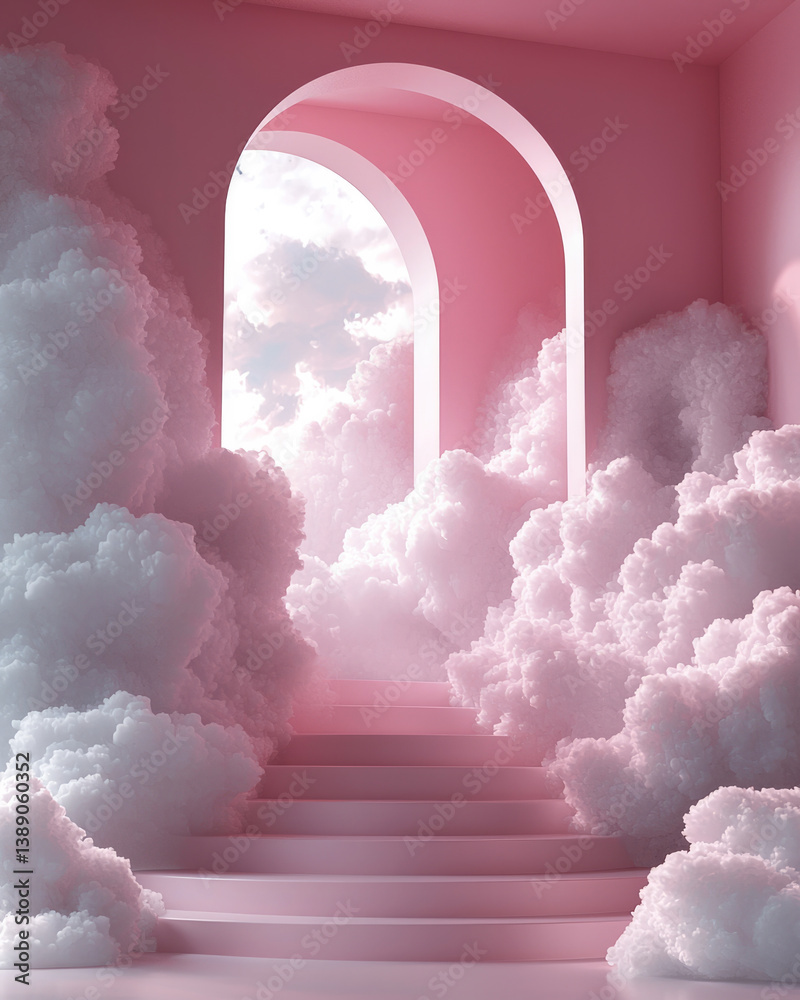 Aufkleber dreamy scene featuring soft pink clouds surrounding staircase leading to archway, creating serene and whimsical atmosphere. light filters through, enhancing ethereal feel