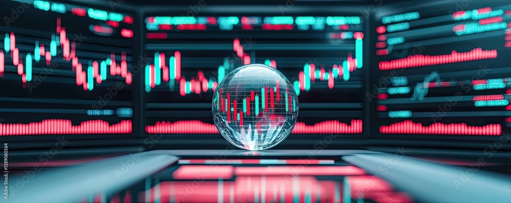 Poster Candlestick in crystal globe predicting stock market success concept. Dynamic stock market visualization with glowing data graphs.