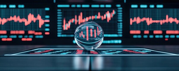 Candlestick in crystal globe predicting stock market success concept. Futuristic data visualization with a crystal ball and graphs.