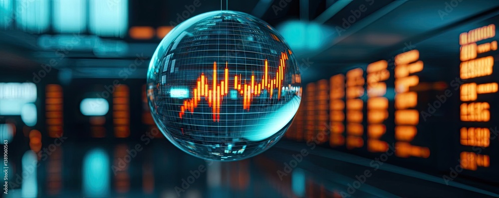 Poster Candlestick in crystal globe predicting stock market success concept. A futuristic globe displaying data visualization trends.