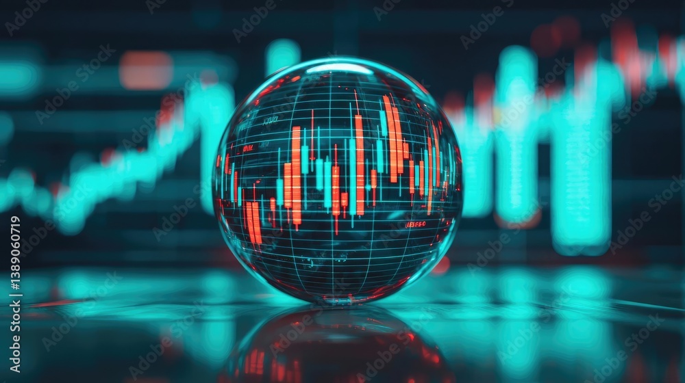 Poster Candlestick in crystal globe predicting stock market success concept. Abstract data visualization in a digital sphere.