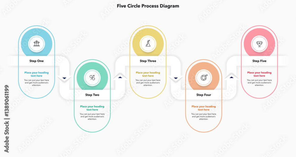 Poster Process flow chart with five colorful steps and a place for your text. Simple infographic design with icons and curved line for workflow layout, banner or web design.