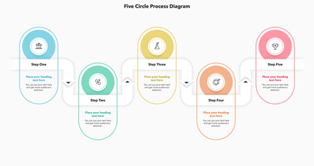 Process flow chart with five colorful steps and a place for your text. Simple infographic design with icons and curved line for workflow layout, banner or web design.
