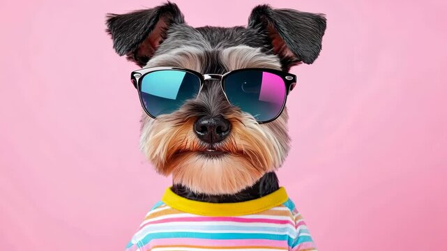 Stylish schnauzer wearing sunglasses and striped shirt in front of pink background