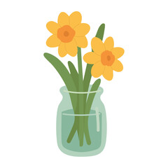 Two yellow daffodils in glass vase. Cute flat spring illustration for floral and seasonal designs.