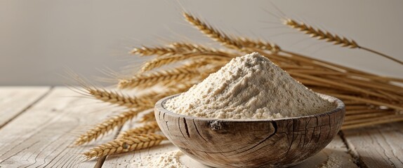 Flour is displayed in a wooden bowl on a rustic wooden table with wheat stalks in the background during daylight