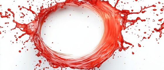 Dynamic splash of vibrant red liquid swirling in circular motion against a pristine white background