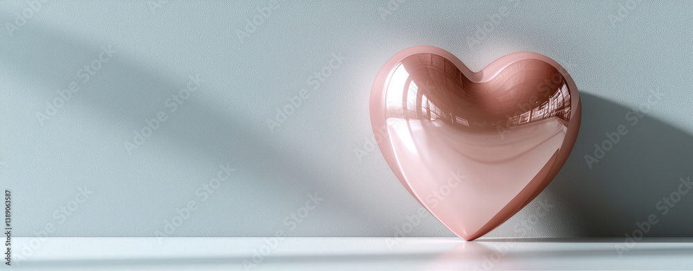 Poster shiny, pink heart shaped object rests against light gray wall, casting soft shadow on white surface.