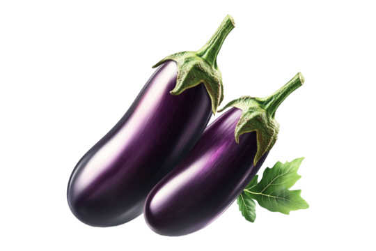 Fresh eggplants with leaves, isolated on white transparent background, concept of healthy eating.