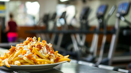 Overflowing plate with greasy fast food, french fries and cheeseburger, unhealthy eating habits and poor nutrition concept, junk food and obesity risk.