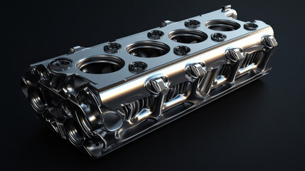 Automotive Precision: A detailed perspective showcasing the metallic, industrial allure of an engine cylinder head, meticulously crafted with bolts, studs, and other components.