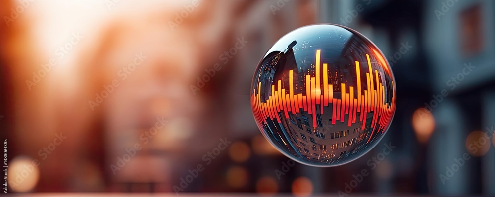 Poster Candlestick in crystal globe with investment forecasting analysis concept. Creative sound visualization in a cityscape bubble.