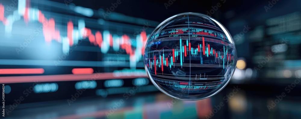 Poster Candlestick in crystal globe with investment forecasting analysis concept. Finance graph with digital screen and global market data analysis.