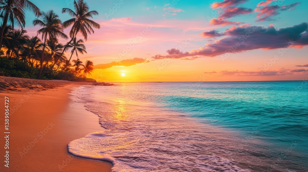 Aufkleber Vibrant sunset over a tropical beach with turquoise waters and swaying palm trees, creating a serene atmosphere at the end of a perfect day