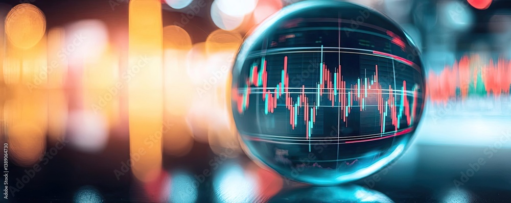 Poster Candlestick in crystal globe with investment forecasting analysis concept. Abstract visual representing financial growth and analysis.