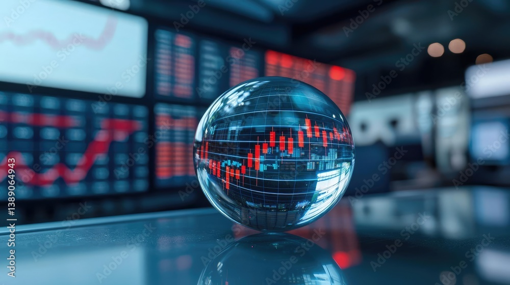 Poster candlestick in crystal globe predicting stock market success concept. crystal globe representing glo