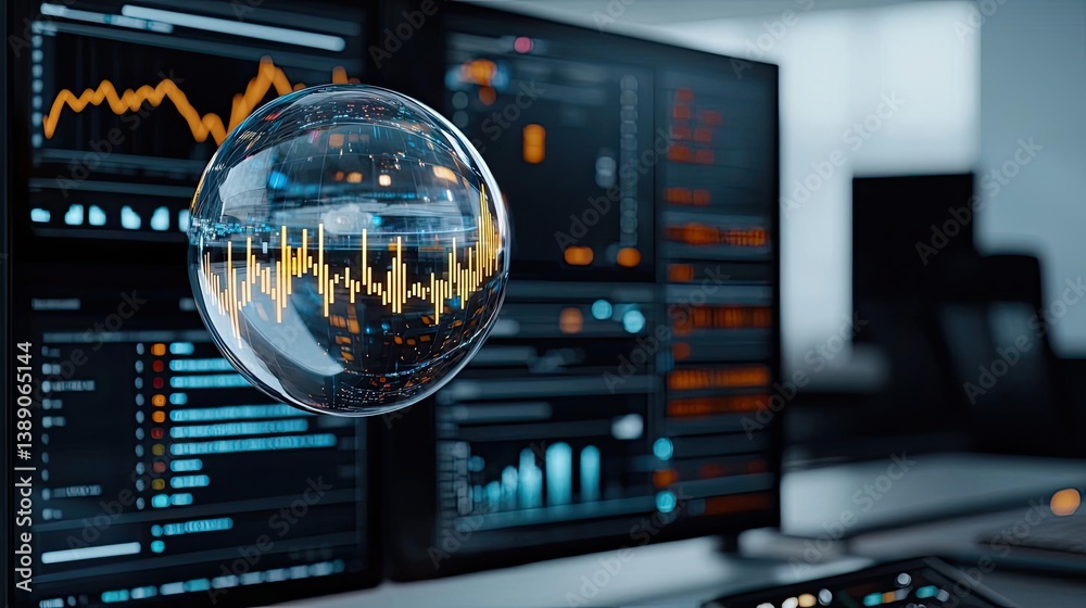 Poster Candlestick in crystal globe predicting stock market success concept. A futuristic interface displaying financial analytics and data.