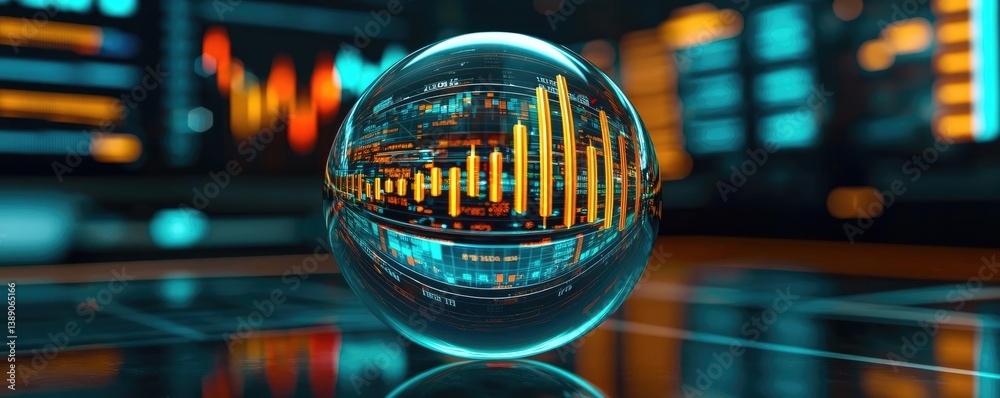 Aufkleber Candlestick in crystal globe with investment forecasting analysis concept. Digital data visualization in a crystal sphere with graphs.