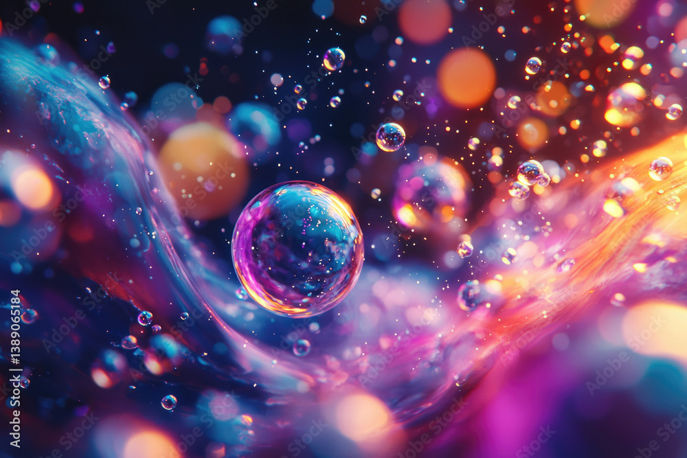 Poster Vibrant, iridescent bubbles float in a cosmic swirl of color and light, creating a mesmerizing abstract scene.
