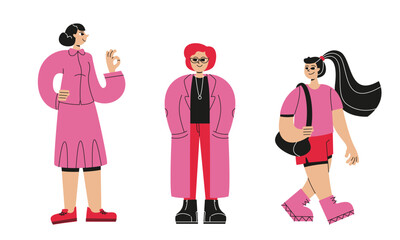 Obraz premium Set of stylish young women. Female characters in linear flat style.