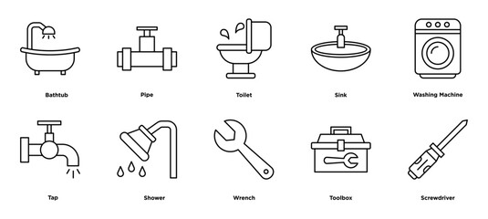 pipe repair icon collection set. Containing Bathtub,Pipe,Toilet,Sink,Washing Machine,Tap,Shower,Wrench,Toolbox,Screwdriver, icon. Simple line vector.	
