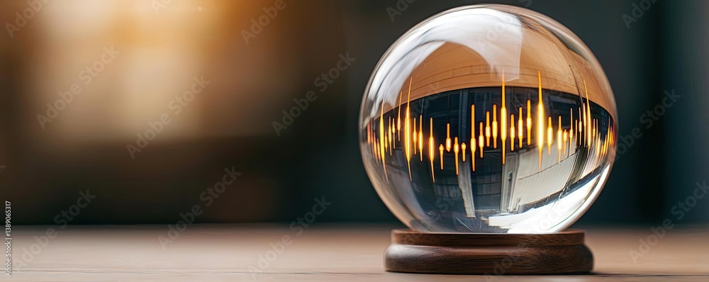 Poster Candlestick in crystal globe with stock market forecast concept. A crystal globe showcasing sound wave patterns in warm light.