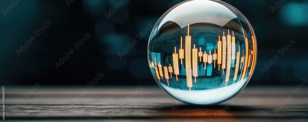 Poster Candlestick in crystal globe with stock market forecast concept. A crystal ball showcasing data visualization in a modern setting.