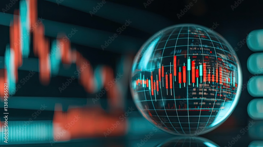 Aufkleber Candlestick in crystal globe with investment forecasting analysis concept. Global financial data visualization with digital graphs and globe.