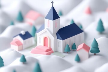 Miniature church scene in a snowy landscape.  A whimsical, 3D model of a church and village nestled in a snowy mountainous area.  Simple,