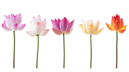 Five lotus flowers in minimalist arrangement are presented, each flower different color feels vibrant and alive, showcasing beauty of nature