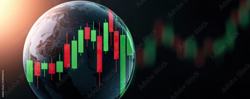 Poster candlestick in crystal globe with investment forecasting analysis concept. global finance chart over