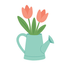 Cute spring watering can with blooming tulips and green leaves. Bright seasonal gardening decoration.