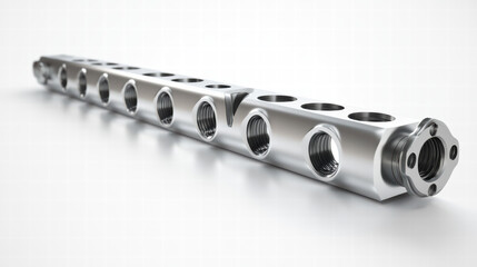 Precision Engineering: A polished metal component featuring a series of precisely drilled holes, showcased against a clean backdrop, symbolizing the fusion of engineering and design