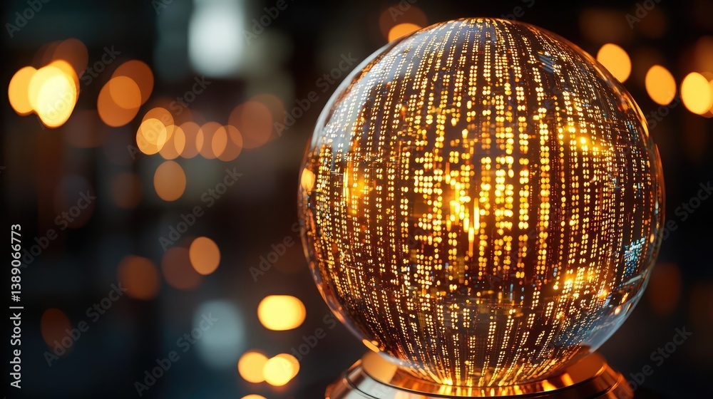 Aufkleber Candlestick in crystal globe with stock market forecast concept. Illuminating globe with binary code and warm bokeh background.