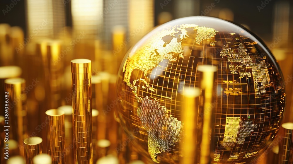 Poster candlestick in crystal globe with stock market forecast concept. golden globe surrounded by vibrant 