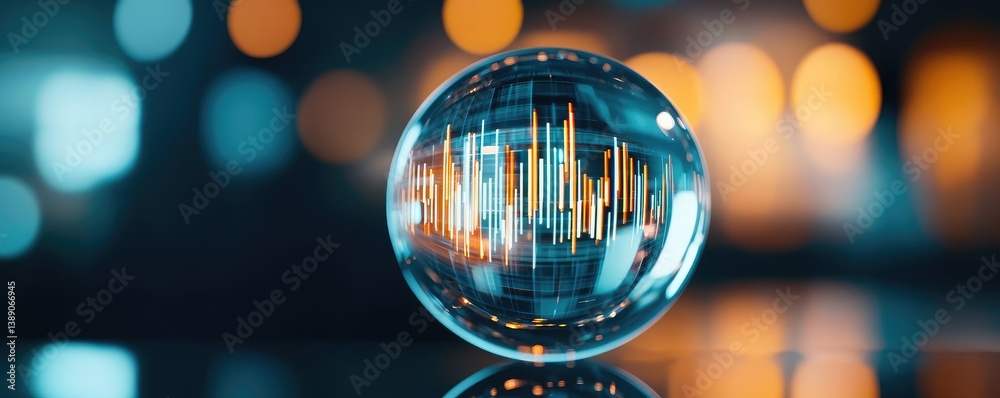 Poster Candlestick in crystal globe with investment forecasting analysis concept. A crystal ball displaying financial data analysis in a modern setting.