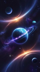 A mesmerizing cosmic space scene featuring distant planets surrounded by ethereal glowing light, evoking mystery and wonder in the vast universe. Perfect for sci-fi and fantasy themes. 