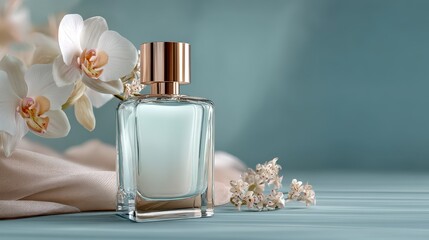 Blank perfume packaging stand with silk and floral decoration on blue background for promotion.